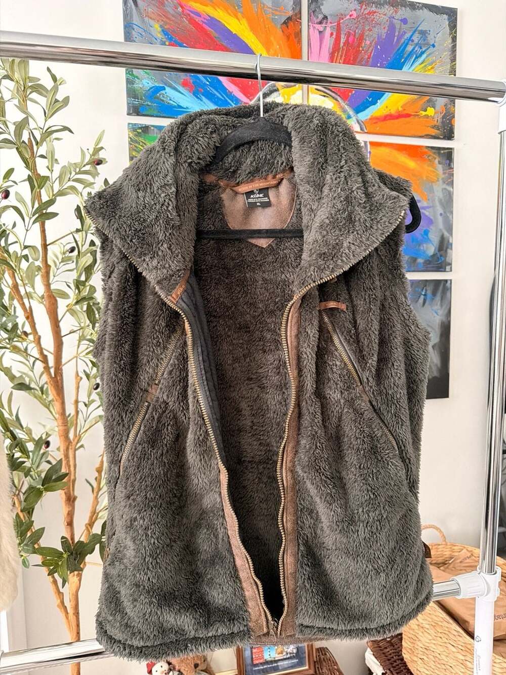 Kuhl Flight Vest Soft Fuzzy Fleece Full Zip Dark Gray Brown Women’s XL Zip Hood